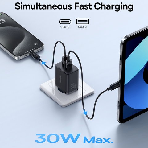 Сетевое зарядное устройство Baseus Cube, 30 Вт, Power Delivery (PD), Fast Charge, белый, 2 порта, #P10111404213-00 Превью 5