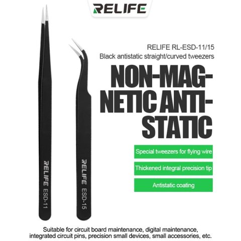 Пінцет монтажний RELIFE ESD-11, прямий, антистатичний, 140 мм, чорний Прев'ю 1