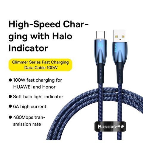 USB кабель Baseus Glimmer, USB тип-C, USB тип-A, 100 см, 100 Вт, синий, в нейлоновой оплетке, #CADH000403 Превью 1